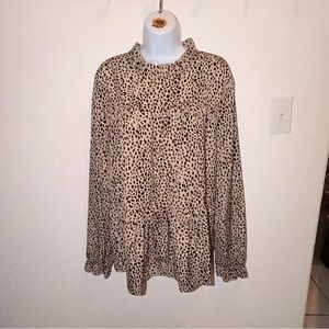 Free People Beige and Black Leopard Print Ruffle-Neck Long Sleeve Top